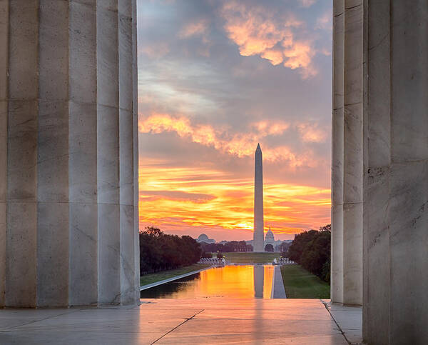 Washington Poster featuring the photograph Brilliant sunrise over reflecting pool DC by Steven Heap