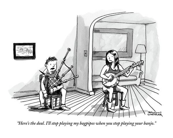 Bagpipes Poster featuring the drawing A Couple Sits In The Living Room Testing Who by Shannon Wheeler