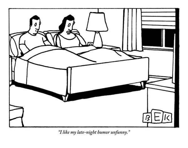 Late-night Poster featuring the drawing A Couple Sits Upright In Bed by Bruce Eric Kaplan