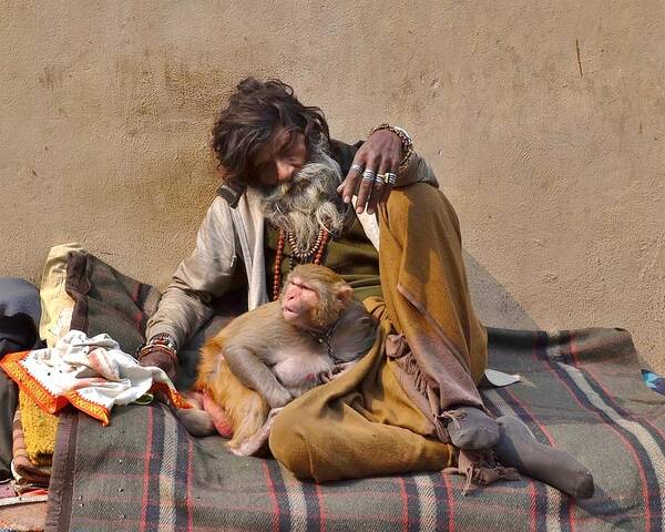 Portrait Poster featuring the photograph A Man and His Monkey - Varanasi India by Kim Bemis