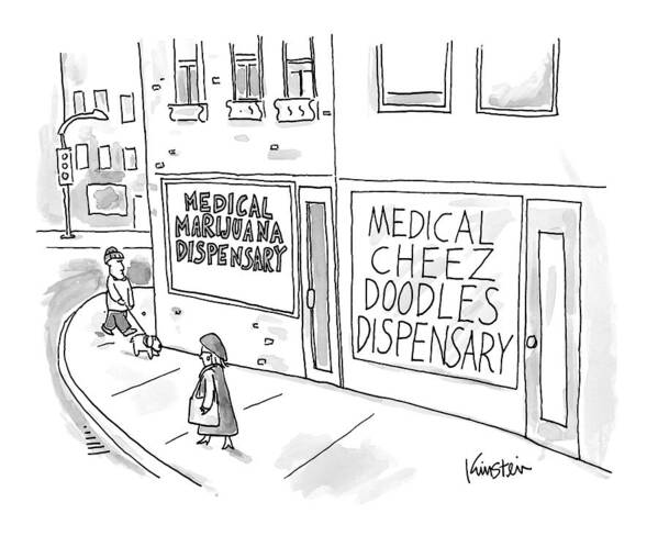 Medical Marijuana Dispensary Poster featuring the drawing A Storefront Medical Marijuana Dispensary by Ken Krimstein