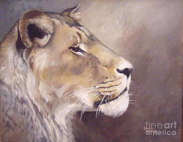 African Lioness Poster featuring the painting African Lioness On Alert by Suzanne Schaefer