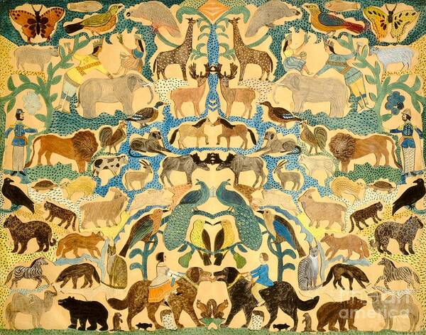 Elephant; Butterfly; Bird; Camel; Lion; Giraffe; Horse; Bear; Dog; Zebra; Deer; Leopard; Garden; Eden; Group; Cat; Fox Poster featuring the painting Antique Cutout of Animals by American School