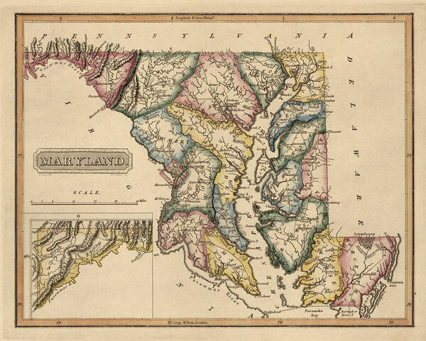 Maryland Poster featuring the drawing Antique Map of Maryland by Fielding Lucas - circa 1817 by Blue Monocle