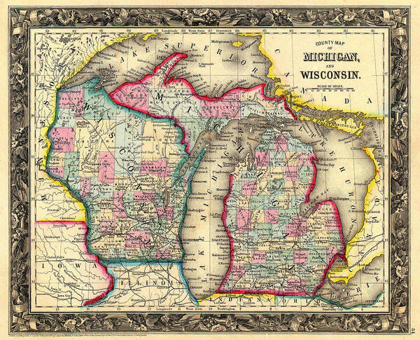 1860 Poster featuring the drawing Antique Map of Michigan and Wisconsin 1860 by Mountain Dreams