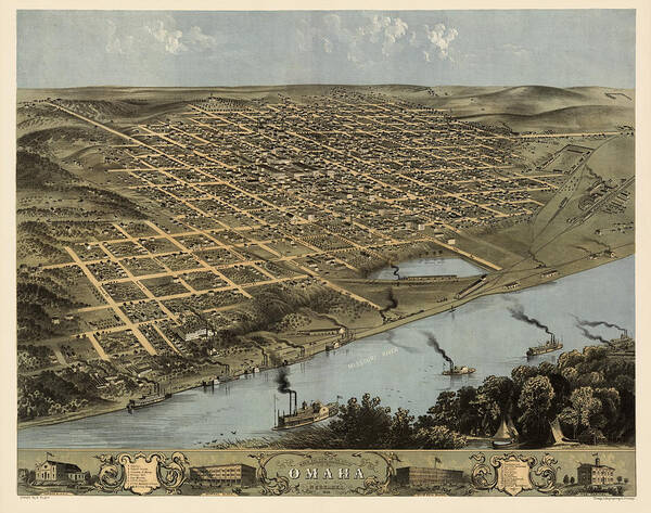 Omaha Poster featuring the drawing Antique Map of Omaha Nebraska by A. Ruger - 1868 by Blue Monocle