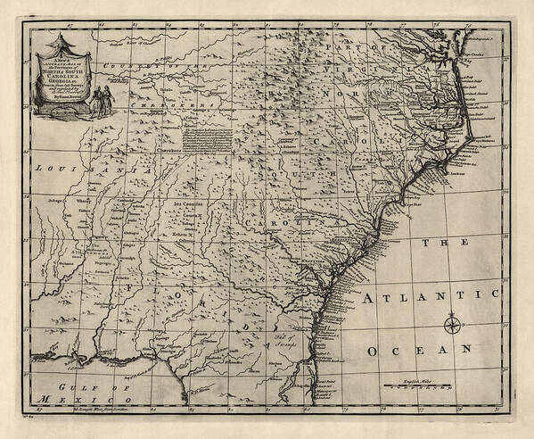 Southeast Us Poster featuring the drawing Antique Map of the Southern American Colonies by Emanuel Bowen - 1752 by Blue Monocle