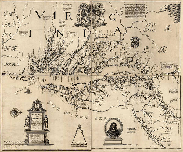 Virginia Map Poster featuring the drawing Antique Map of Virginia and Maryland by Augustine Herrman - 1673 by Blue Monocle