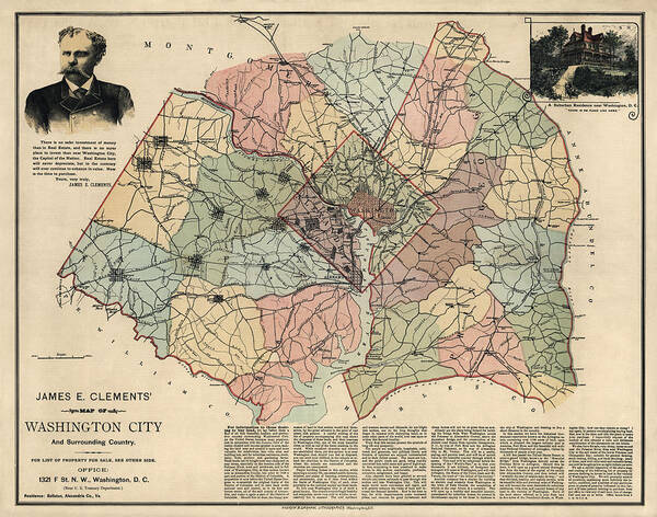Washington Dc Poster featuring the drawing Antique Map of Washington DC by Andrew B. Graham - 1891 by Blue Monocle