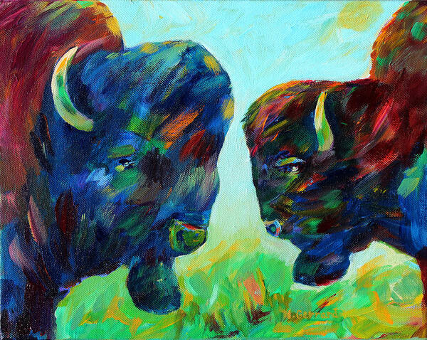 Two Bison In The Meadow Poster featuring the painting Bison Wisdom by Naomi Gerrard