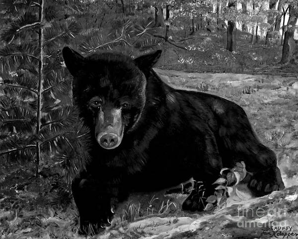 Black Bear Poster featuring the painting Black Bear - Scruffy - Black and White by Jan Dappen