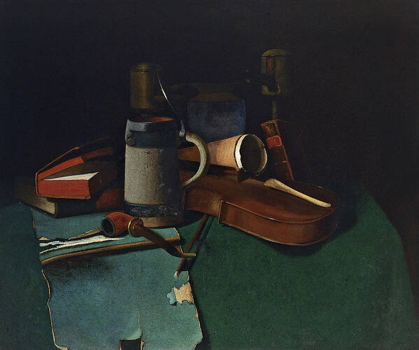 John Frederick Peto Poster featuring the painting Books Mug Pipe and Violin by John Frederick Peto