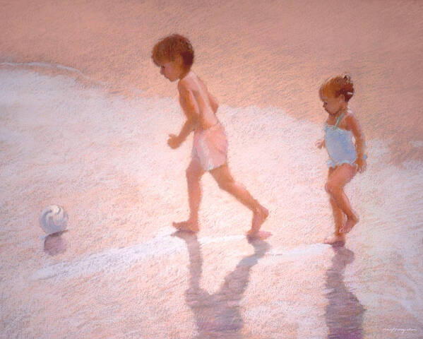 Beach Paintings Poster featuring the painting Boy and Girl w/Ball by J Reifsnyder