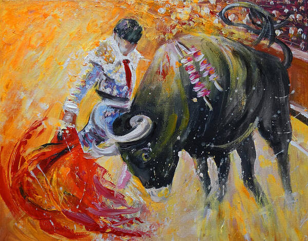 Animals Poster featuring the painting Bullfighting in Neon Light 02 by Miki De Goodaboom