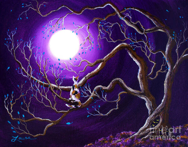 Landscape Poster featuring the painting Calico Cat in Haunted Tree by Laura Iverson