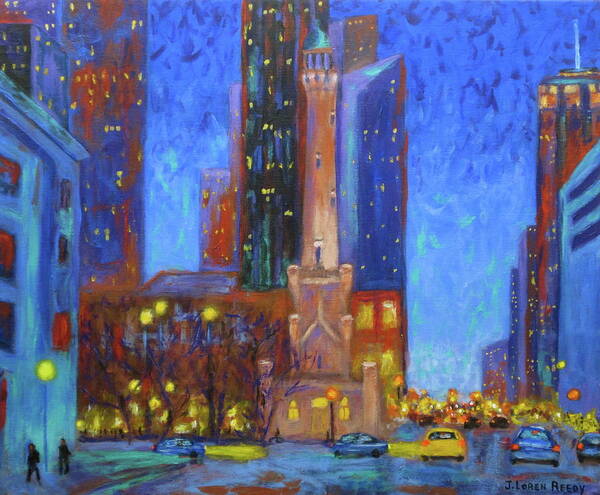 Chicago Water Tower Painting Poster featuring the painting Chicago Water Tower at Night by J Loren Reedy
