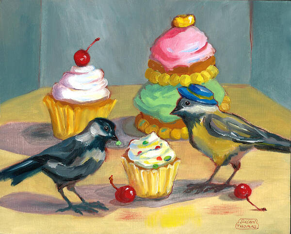 Cupcake Poster featuring the painting Cupcakes and Chickadees by Susan Thomas