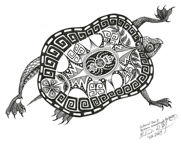 Tortoise Poster featuring the drawing Cutural Zoo 3 Eastern Woodlands Tortoise by Melinda Dare Benfield