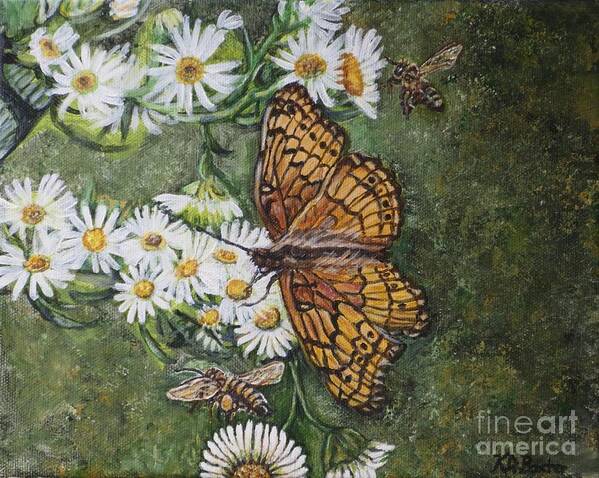 Nature Butterfly With Message Of Hope And Cooperation Variegated Fritillary Euptooieta Claudia Brush-footed Butterfly Nymphalidae Longwing Heliconiinae Copper Orange Black Brown Tan Camouflage Mimicry Mimesis Underside Resembles A Dead Leaf Honeybees Beneficial Insects Pollinators Daisies Gold Yellow White Green Variegated Background Poster featuring the painting Dance with the Daisies by Kimberlee Baxter