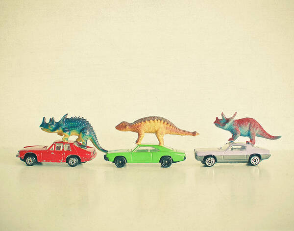 Dinosaur Photograph Poster featuring the photograph Dinosaurs Ride Cars by Cassia Beck