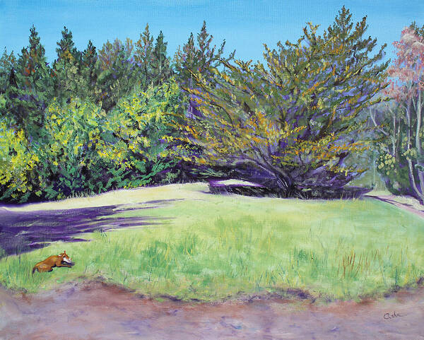 Landscape Painting Poster featuring the painting Dog with Bone in Spring Meadow by Asha Carolyn Young
