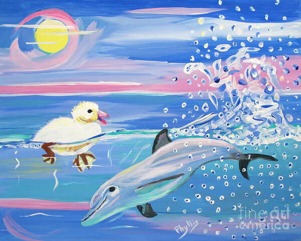 Moon Poster featuring the painting Dolphin Plays with Duckling Under the Moon by Phyllis Kaltenbach
