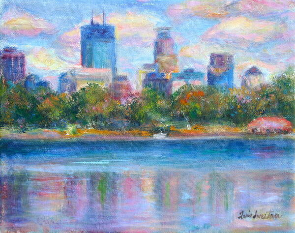 Quin Sweetman Poster featuring the painting Downtown Minneapolis Skyline from the Lake by Quin Sweetman