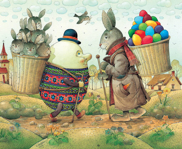 Easter Eggs Rabbit Spring Green Landscape Poster featuring the painting Eastereggs 03 by Kestutis Kasparavicius