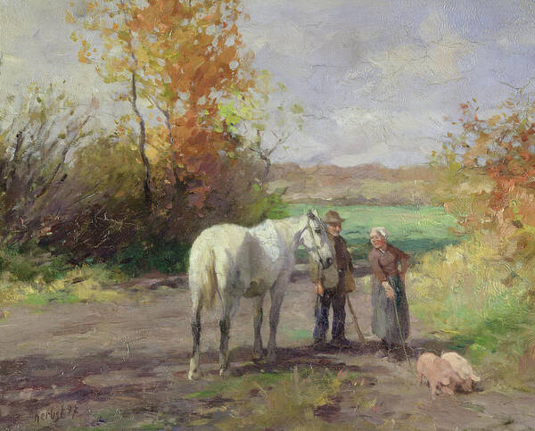 Meeting Poster featuring the photograph Encounter On The Way To The Field, 1897 Oil On Panel by Thomas Ludwig Herbst