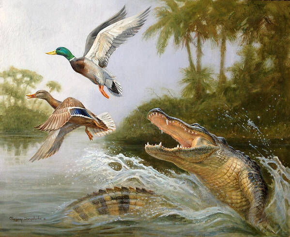  Duck Alligator Hunting Nature Water Poster featuring the painting Escape by Gregory Doroshenko