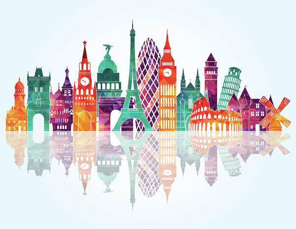 People Poster featuring the digital art Europe Skyline Detailed Silhouette by Katerina andronchik