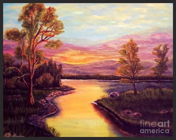 Gulf Of Mexico Purple And Gold Sunset Golden Lake Or Stream Backlit Trees With The Setting Sun Blue Sky With Light Clouds Landscape Paintings Nature Paintings Acrylic Paintings Poster featuring the painting Evening Sun Sets Over a Lake Somewhere Off the Gulf of Mexico by Kimberlee Baxter