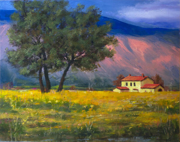 Blue Pink Mountains Yellow Meadows Late Farm Fields Red Roof Painterly Miniature Poster featuring the painting Fields of Gold by Carlos Herrera