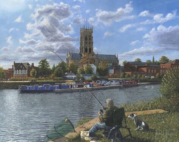 The Minster Church Of Saint George Poster featuring the painting Fishing with Oscar - Doncaster Minster by Richard Harpum