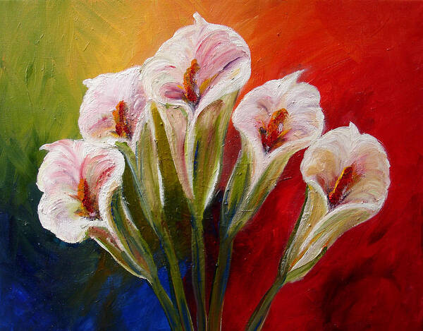 Flowers Poster featuring the painting Five Cala Lillies print by Mary Jo Zorad