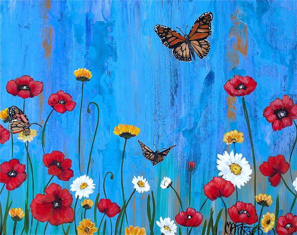 Rubbing Alcohol Was Used In Creating The Background For This Piece. Poster featuring the painting Flowers and Butterflies by Melissa Torres