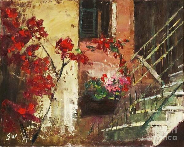 Sean Wu Poster featuring the painting Flowers By The Stairs by Sean Wu