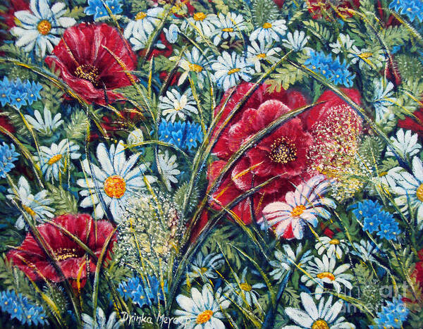Nature Paintings Poster featuring the painting Flowers Poppies and Daisies No.5 by Drinka Mercep