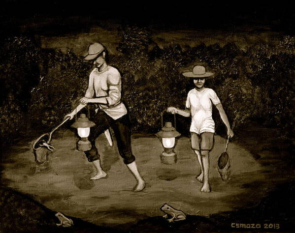 Frog Hunters Poster featuring the painting Frog Hunters Black and White Photograph Version by Cyril Maza