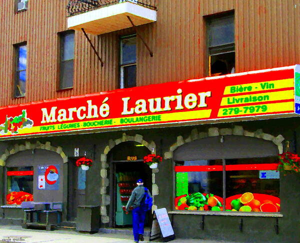 Rain Poster featuring the painting Fruiterie Marche Laurier Butcher Boulangerie De Pain Produits Quebec Market Scenes Carole Spandau by Carole Spandau