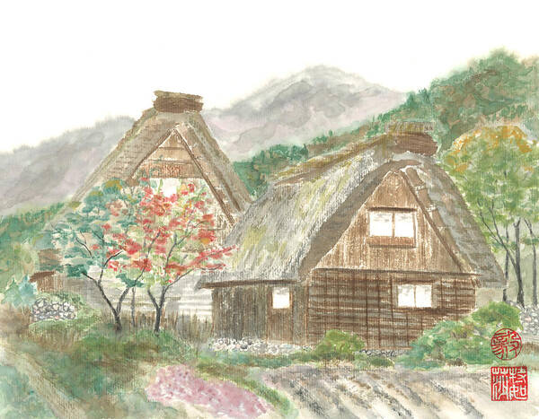 Japanese Poster featuring the painting Gassho-Zukuri Home by Terri Harris