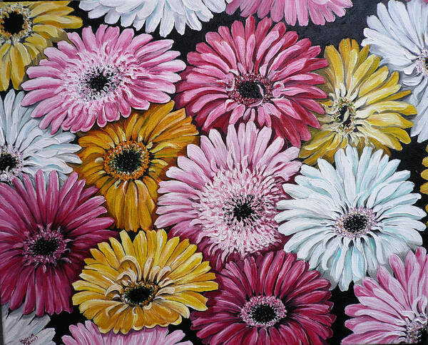 Flower Paintings Daisy Paintings Floral Paintings Blooms Color .gerbera Daisy Paintings Greeting Card Painting S Canvas Painting Poster Print Paintings Poster featuring the painting Gebera Daisies by Karin Dawn Kelshall- Best