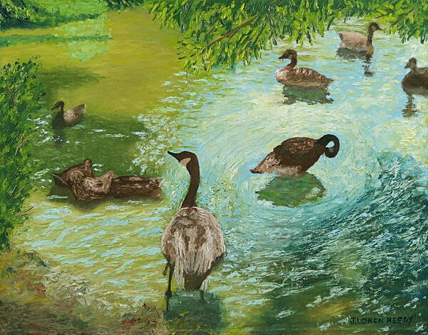 Geese Poster featuring the painting Geese in Water by J Loren Reedy