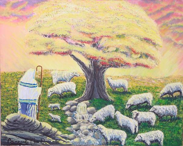  Landscape Of Jesus And Sheep Prints Tree Poster featuring the painting Green Pasture by Carey MacDonald
