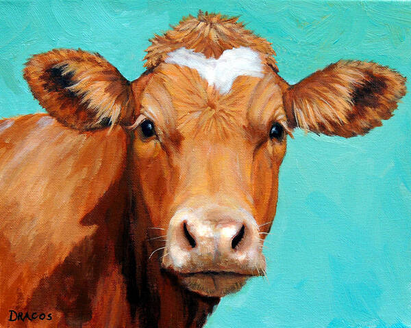 Guernsey Cow Poster featuring the painting Guernsey Cow on LIght Teal No Horns by Dottie Dracos