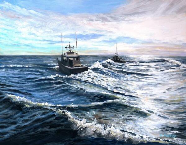Boats Poster featuring the painting Heading Out by Eileen Patten Oliver