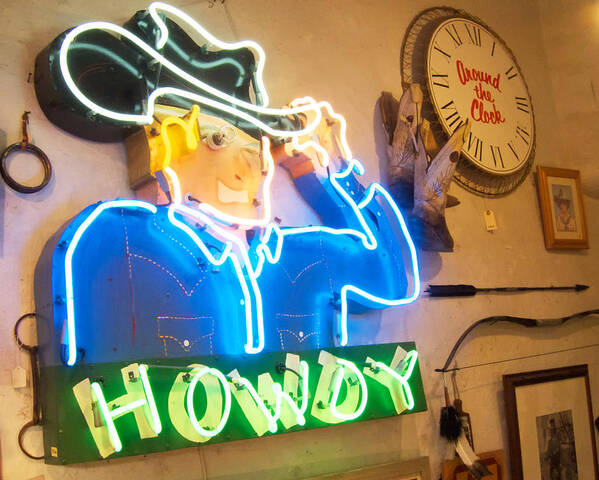 Neon Cowboy Poster featuring the photograph Howdy from the Neon Cowboy Taos by Mary Lee Dereske