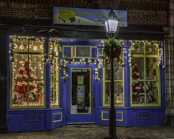 Island Treasure Toys Maine Bath Front Street Christmas Holiday Winter Lights Night Poster featuring the photograph Island Treasure Toys by David Hufstader