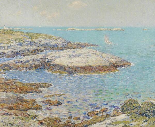 New England; America; American; Landscape; View; Coast; Coastal; Seascape; Us; Usa; United States; New Hampshire; Maine; Summer; Summertime; Isles Of Shoals; Island; Islands; Sailing Boat; Sails; Lighthouse; Rocks; Rocky; Shore; Shoreline; Impressionism; Impressionist; Sea Poster featuring the painting Isles of Shoals by Childe Hassam