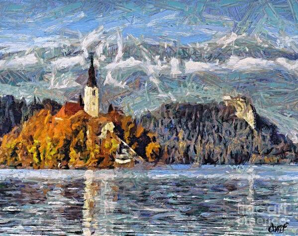 Rural Scenes Poster featuring the painting Lake Bled and mountains by Dragica Micki Fortuna